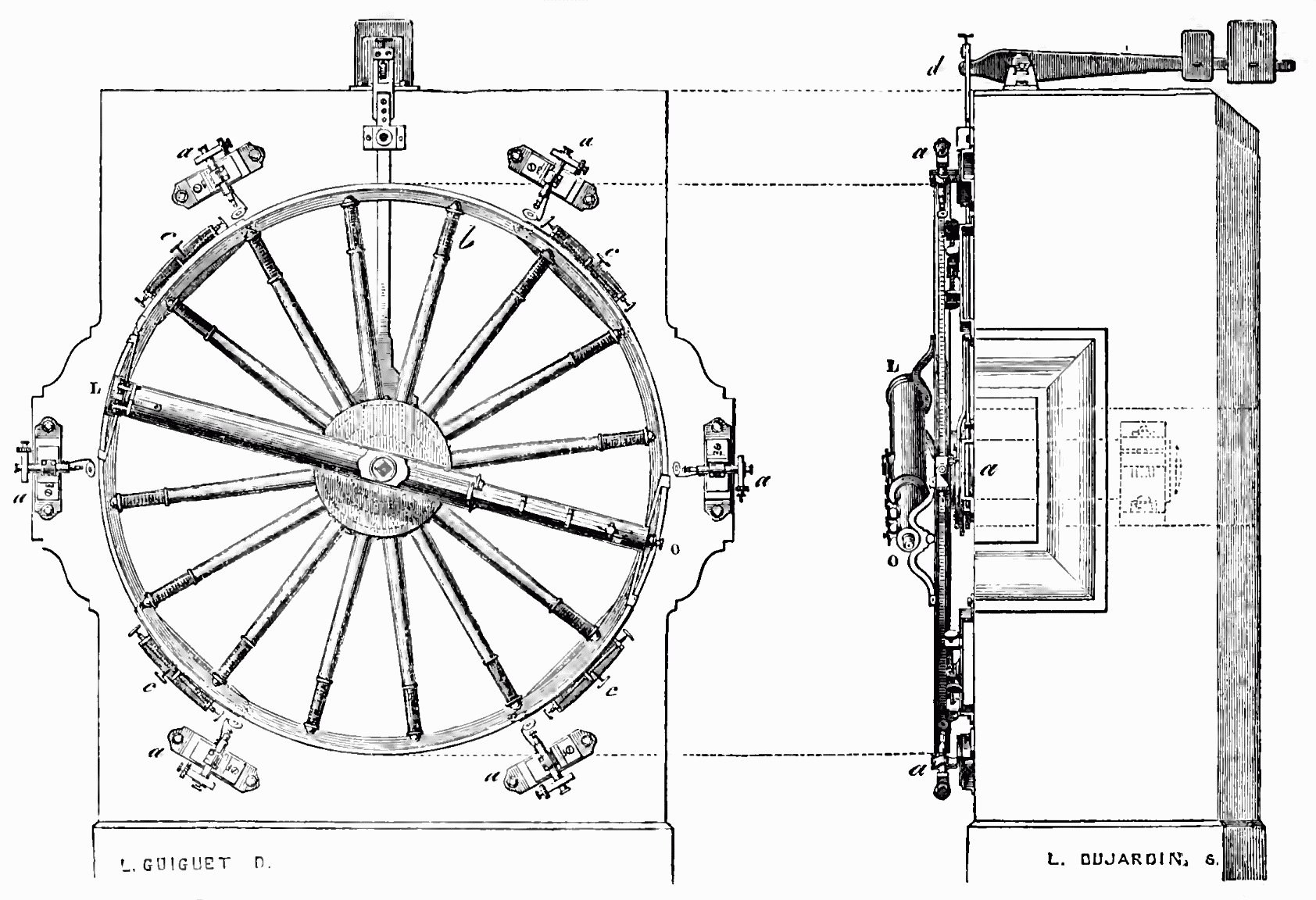 Eine Zeichnung eines Schlosses mit einem Speichenrad und einer rechteckigen Tür mit einem Griff, beschriftet mit "Schloss".
