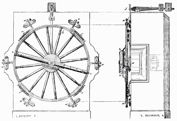 Eine Zeichnung eines Schlosses mit einem Speichenrad und einer rechteckigen Tür mit einem Griff, beschriftet mit "Schloss".
