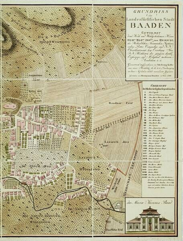 Alte detaillierte Karte von Baden-Württemberg, Deutschland, mit einem Gebäude in der rechten unteren Ecke, das Straßen, Gebäude und Sehenswürdigkeiten mit Textanmerkungen zeigt.