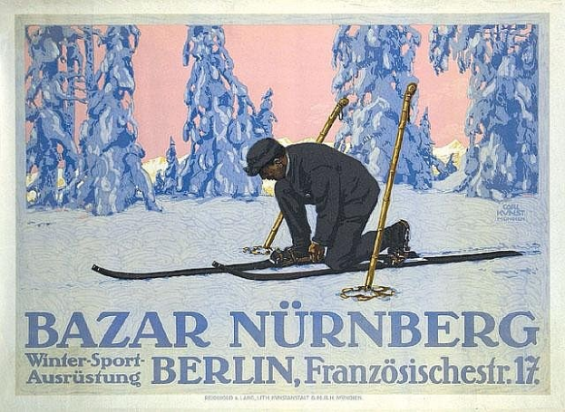 Plakat für Bazar Nürnberg Winter Sport in Berlin, Deutschland, zeigt eine Person beim Skifahren mit Bäumen im Hintergrund und Ereignisdetails im Text.