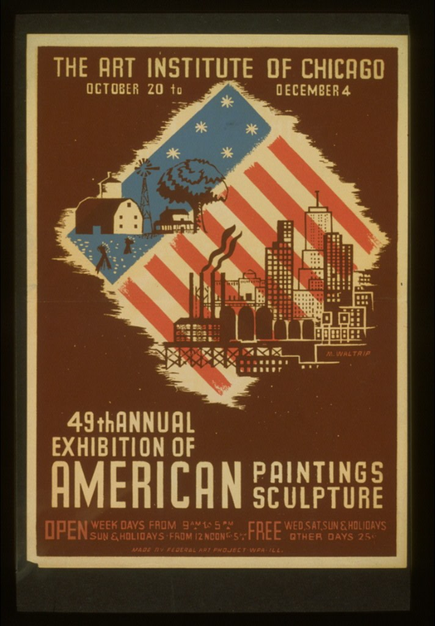 Plakat für die 49. Jahresausstellung amerikanischer Malerei und Skulptur des Art Institute of Chicago, das Text und bildliche Darstellungen zur Ausstellung zeigt.