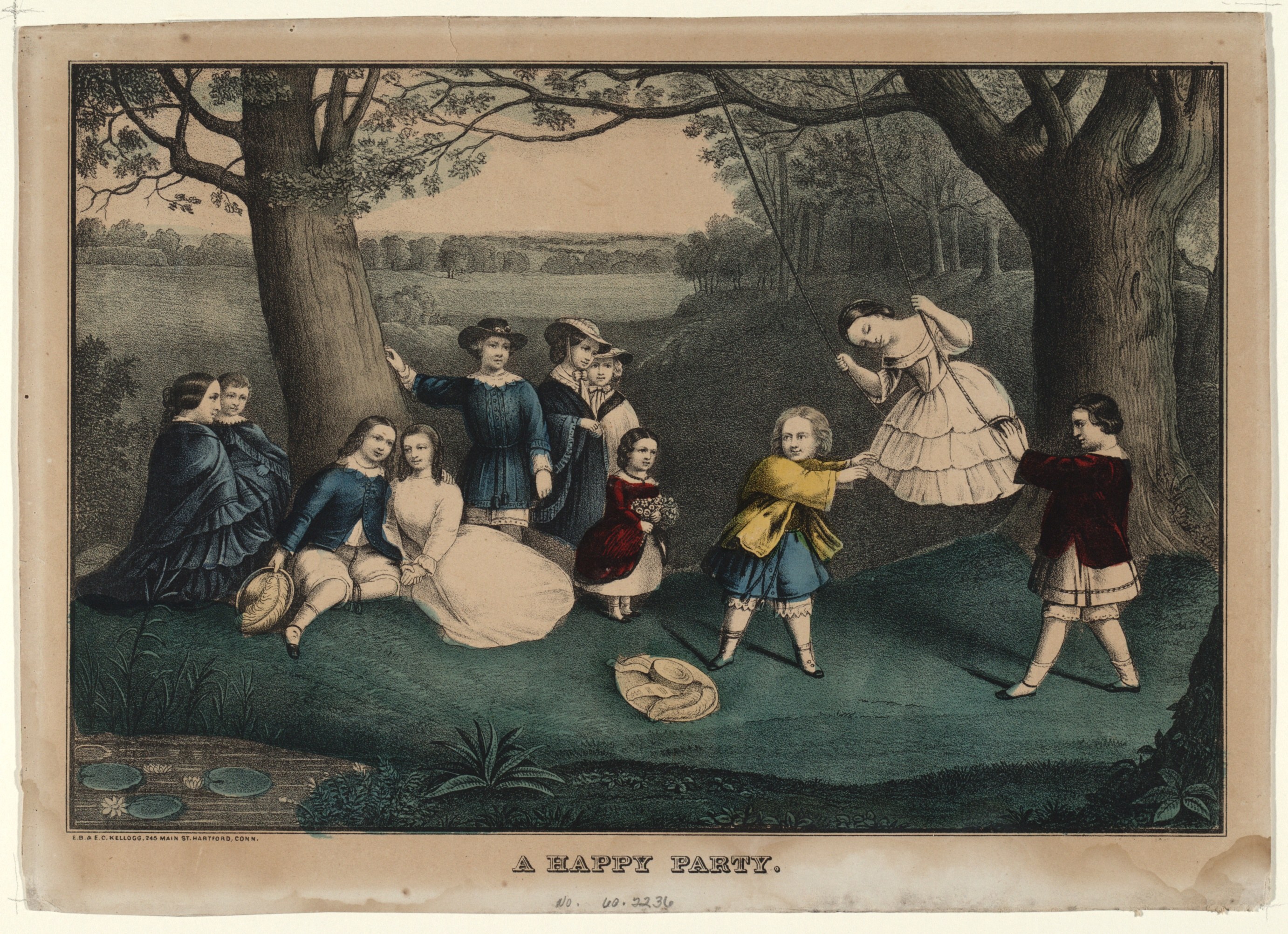 Gruppe von Kindern, die in einem Park mit Bäumen, Pflanzen und Gras spielen; einige sitzen, andere stehen; "Ein fröhliches Fest"-Text unten.