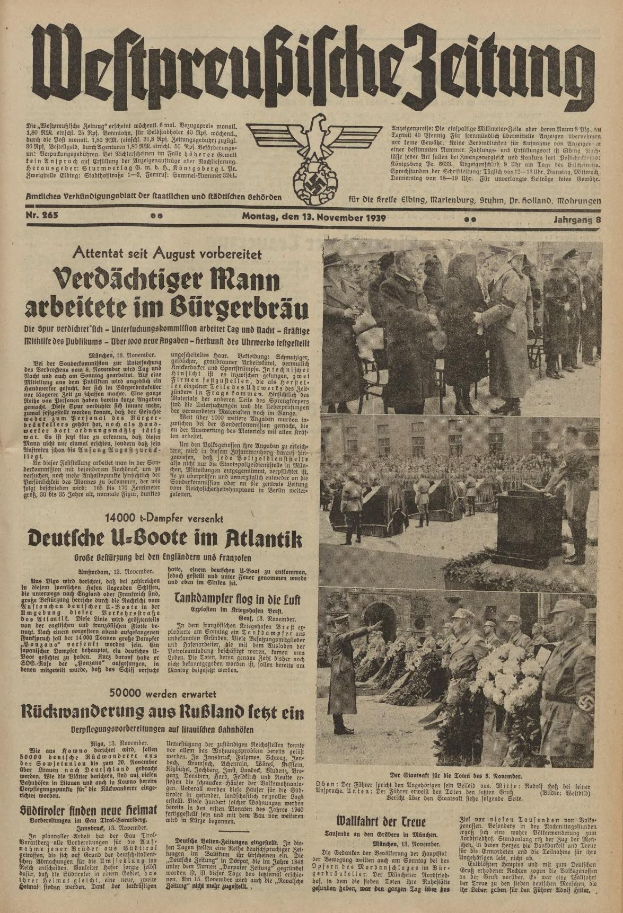 Eine alte deutsche Zeitungsvorderseite vom 13. November 1939, betitelt "Weitpreubliche Zeitung", mit einem Bild einer Gruppe von Menschen in traditioneller deutscher Tracht.