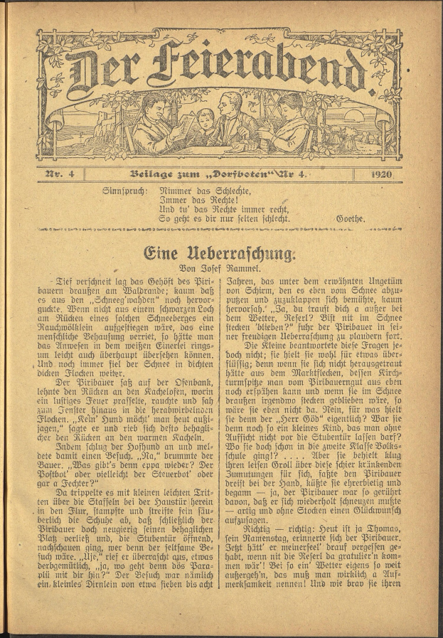 Ein aufgeschlagenes altes Buch mit einem Mann und einer Frau in traditioneller deutscher Kleidung auf dem Cover, die nebeneinander stehen und sich anschauen, mit sichtbarem Text und zusätzlichen Figuren im Inneren.