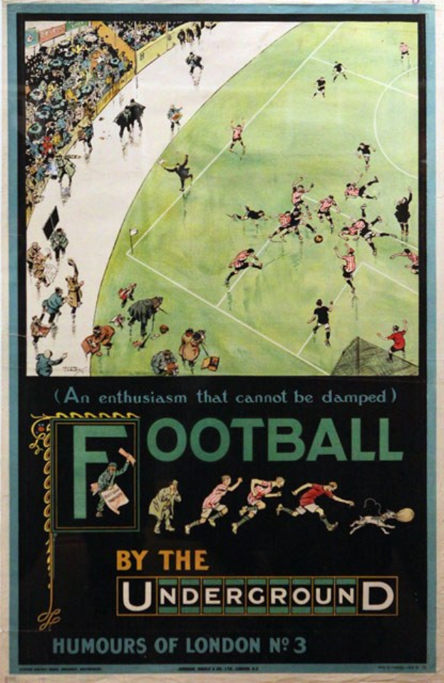 Plakat, das Zuschauer bei einem Fußballspiel in einem Stadion zeigt, betitelt mit "Fußball unter der Erde - Humours of London Nr. 3".