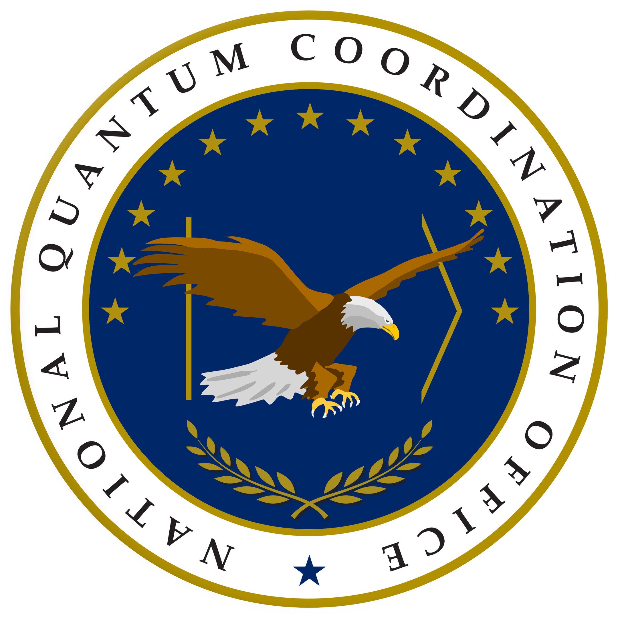 Logo des Nationalen Quantenkordinationsbüros mit einem blauen Kreis mit einem weißen Stern in der Mitte, umgeben von einem weißen Rand, und dem Text "Quantum-Koordination" in Weiß um den Rand, alles vor einem blauen Hintergrund.