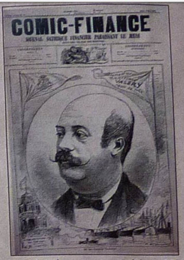 Ein ernster Mann mit Schnurrbart, der einen Anzug und eine Krawatte trägt, schaut konzentriert von der Titelseite eines Comics mit dem Titel "Comic Finance".