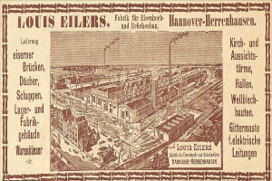 Schwarz-weiß-Anzeige für die Louis Eilers Hannover-Herrenhausen-Fabrik, die das Fabrikgebäude mit begleitendem Text zeigt.