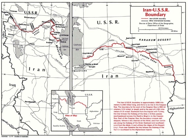 Ein detailliertes Plakat mit einer Karte der iranisch-sowjetischen Grenze, das geographische Merkmale und Landesgrenzen zeigt.