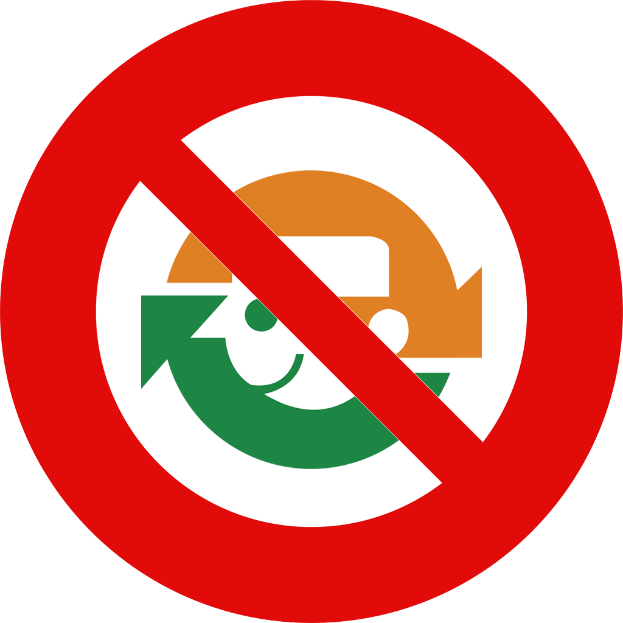 Ein rotes und weißes Schild mit schwarzer Schrift, die 'No Recycle' lautet und mit einem Pfeil nach rechts zeigt.