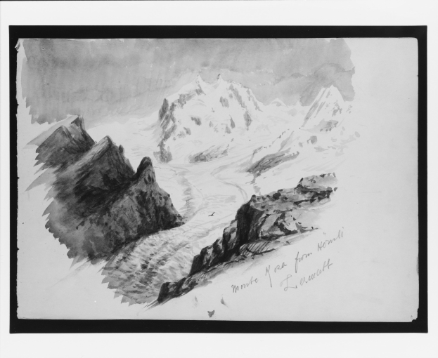 Schwarze und weiße Zeichnung eines detaillierten Gebirgszuges mit schneebedeckten Gipfeln, einer gewundenen Gletscher im Vordergrund und Text, der die Komposition ergänzt.