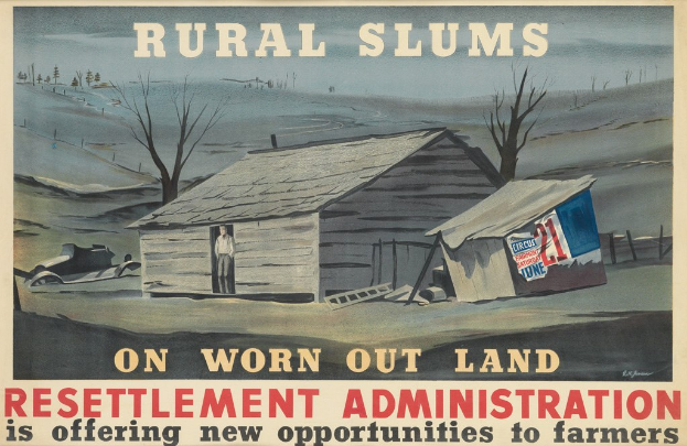 Plakat mit der Aufschrift "Landwirtschaftliche Slums auf abgenutztem Land" bewirbt Umsiedlungsmöglichkeiten und zeigt eine Person vor einem Haus mit Bäumen.