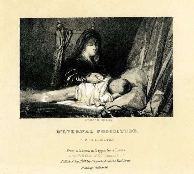 Eine Frau in einem weißen Kleid sitzt auf einem Bett und hält ein Baby nah an ihrer Brust, beide scheinen friedlich und zufrieden zu sein, mit der Überschrift "Maternal Solitude by R.P. Bonington" unten.