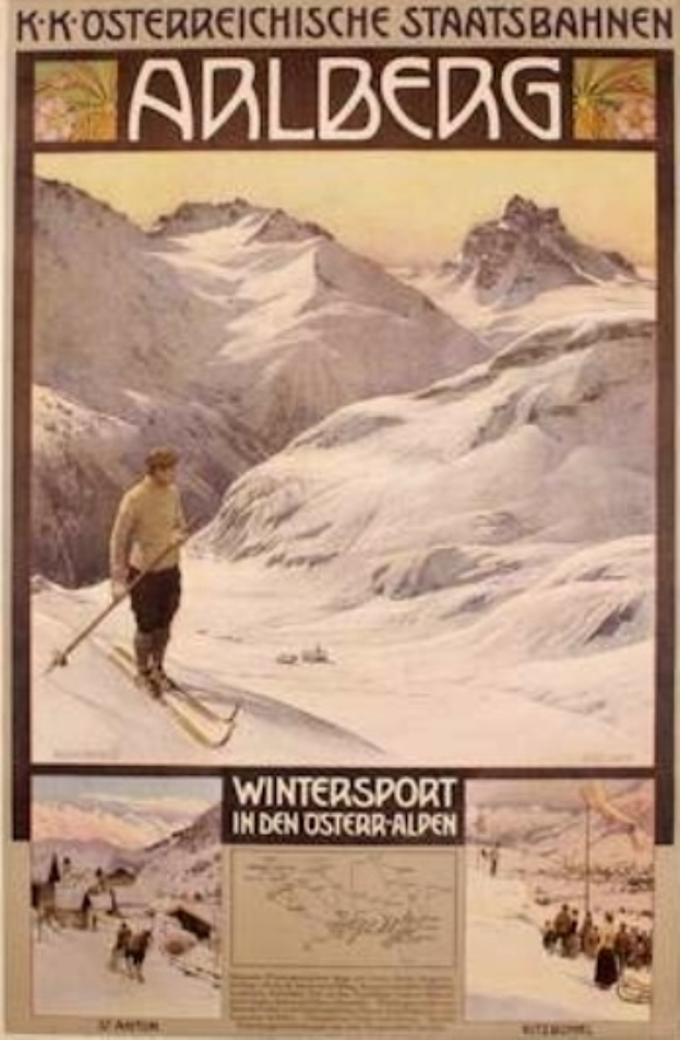 Ein Plakat, das Wintersport in den österreichischen Alpen bewirbt, zeigt einen Skifahrer und Bilder von Menschen und Bergen mit begleitendem Text.