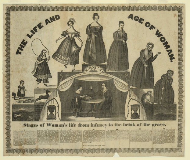 Eine farbenfrohe Papierreproduktion, die die Lebensphasen einer Frau von der Kindheit bis ins hohe Alter zeigt, mit kräftiger Schrift und detaillierten Elementen.