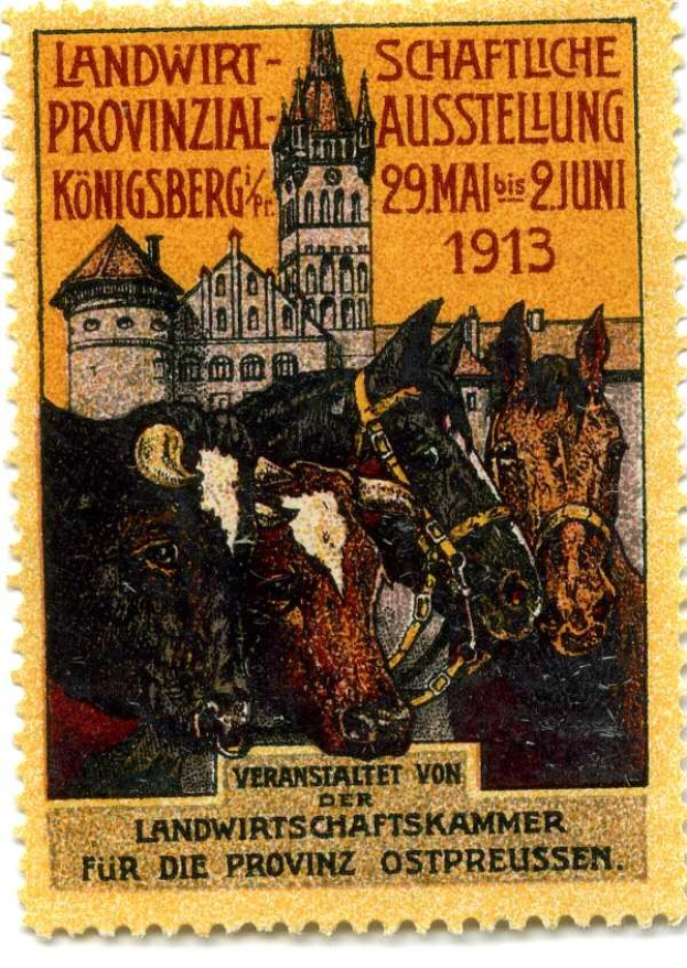 Deutscher Briefmarke aus etwa 1913 mit drei Kühen und einem Schloss, auf dem der Text "Landwirtschaftskammer" gedruckt ist.