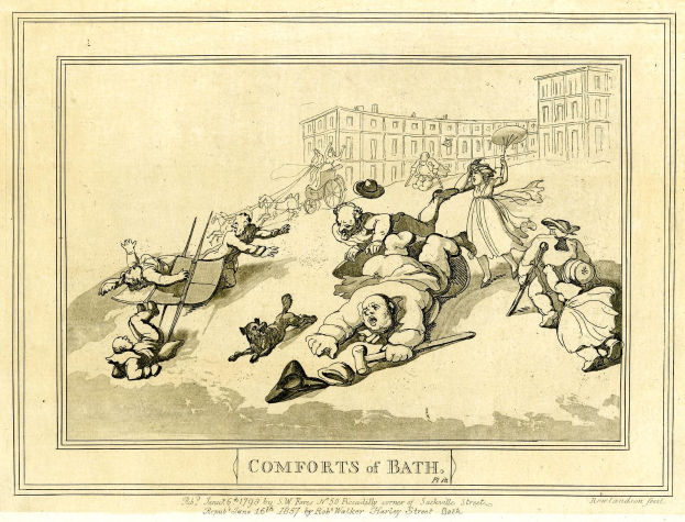 Ein Cartoon von gestressten Menschen in einer Badewanne umgeben von hohen Gebäuden mit wenigen Fenstern unter einem tiefblauen Himmel, mit dem Text "Comforts of Bath" unten.