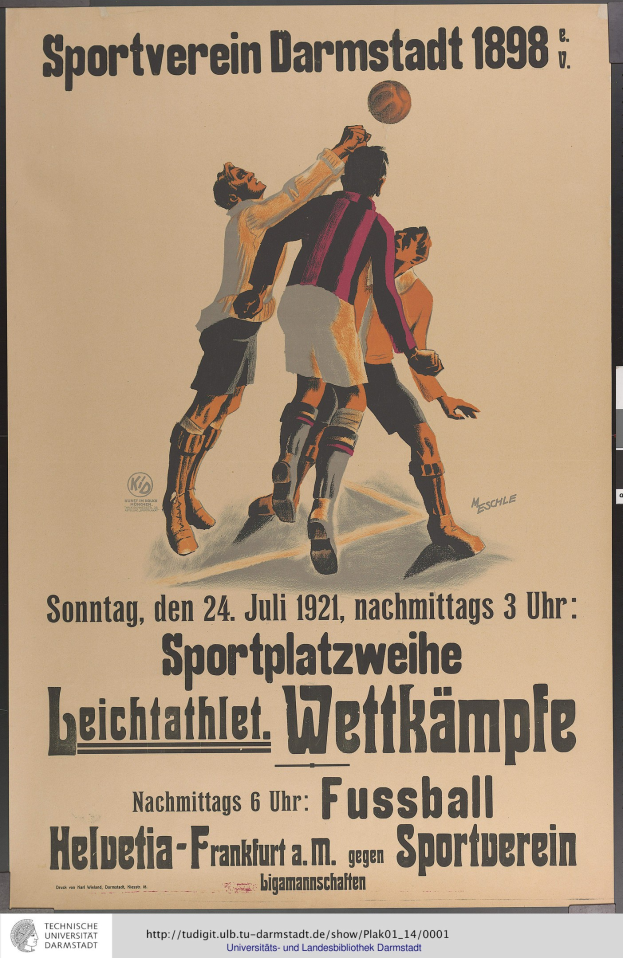 Plakat, das ein Fußballspiel mit einer Gruppe von Männern in Uniformen während eines Spiels zeigt, mit Text, der das Ereignis beschreibt.