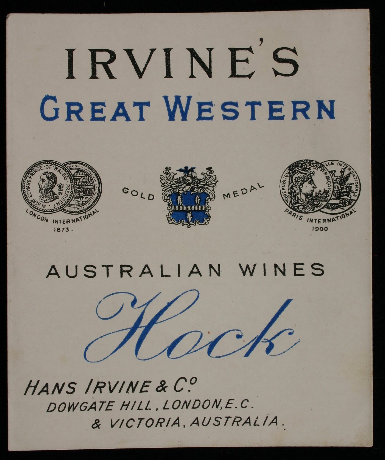 Plakatwerbung für Irvine's Große Western Australian Weine, mit dem Unternehmenstext und -logos.