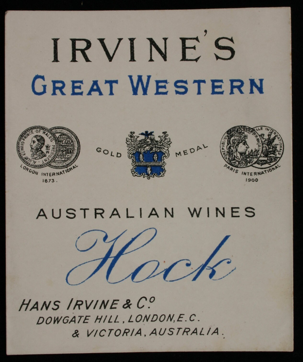 Plakatwerbung für Irvine's Große Western Australian Weine, mit dem Unternehmenstext und -logos.