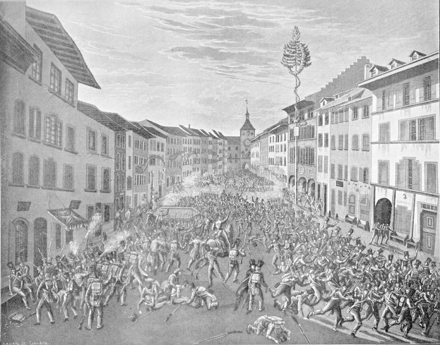 Schwarz-weiß-Zeichnung einer Menschenmenge auf einer Stadtstraße mit Gebäuden und einem Himmelhintergrund, betitelt "Die Schlacht von Stuttgart" unten.