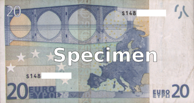 Ein 20-Euro-Schein mit dem Aufdruck "Specimen".