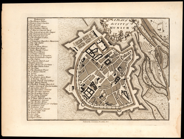 Detailiertes altes Stadtplan von München, Deutschland, mit Straßen, Gebäuden und Sehenswürdigkeiten auf einem schwarzen Hintergrund, begleitet von Textbeschriftungen.
