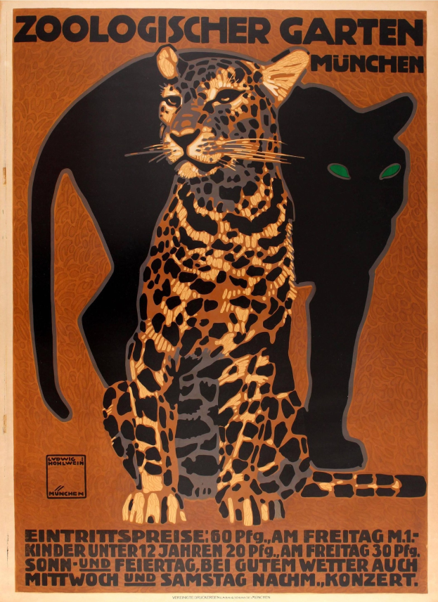 Plakat wirbt für einen Zoo in München, Deutschland, mit Abbildungen eines Leoparden und einer Katze und Textinformationen zum Zoo.