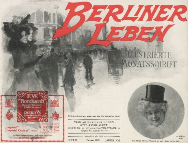 Werbeplakat für das Berliner Leben Theater, das eine Frau mit Zylinder und einen Mann im Anzug zeigt, mit Text, einem Stempel, Menschen und Gebäuden im Hintergrund.