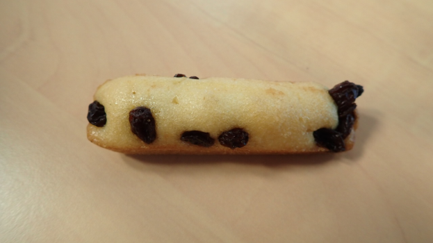 Ein Close-up eines goldbraunen Kekses mit einer leichten Puderzucker- und Rosinen-Bestäubung auf einem Holztisch.