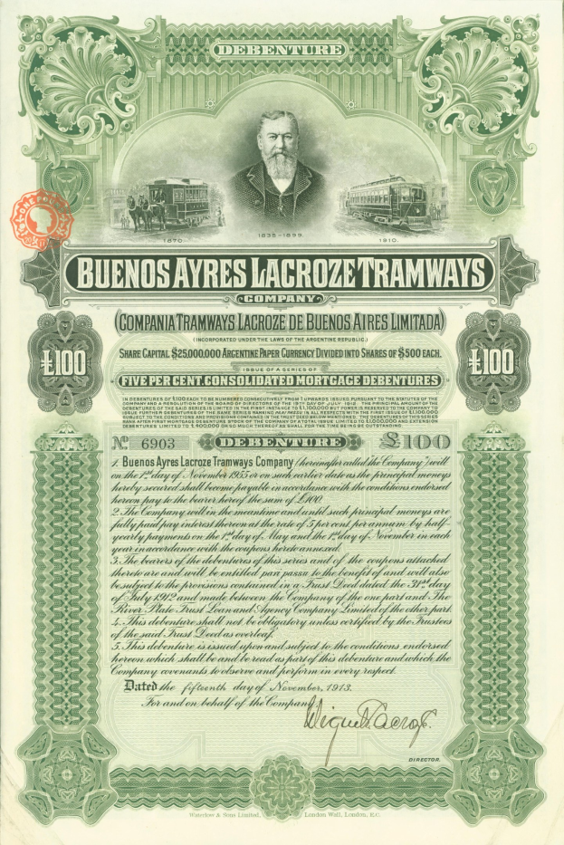 Altes Aktienzertifikat für die Buenos Ayres Lacroze Tramways Company mit einem Mann im Anzug mit ernstem Gesichtsausdruck.