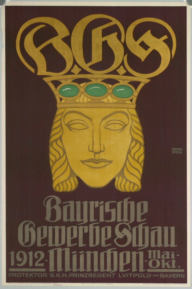 Plakat für das Bayerische Beer Festival in München, Deutschland, mit einer gekrönten Gesichtsabbildung und umgebendem Text.
