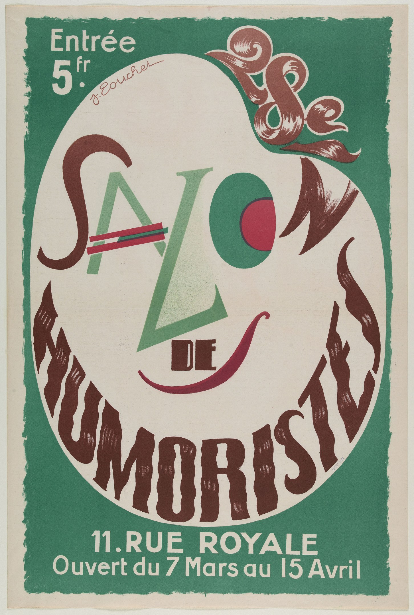 Plakat, das eine Humoristen-Salon-Veranstaltung in Paris, Frankreich, ankündigt und Text zu den Angeboten enthält.