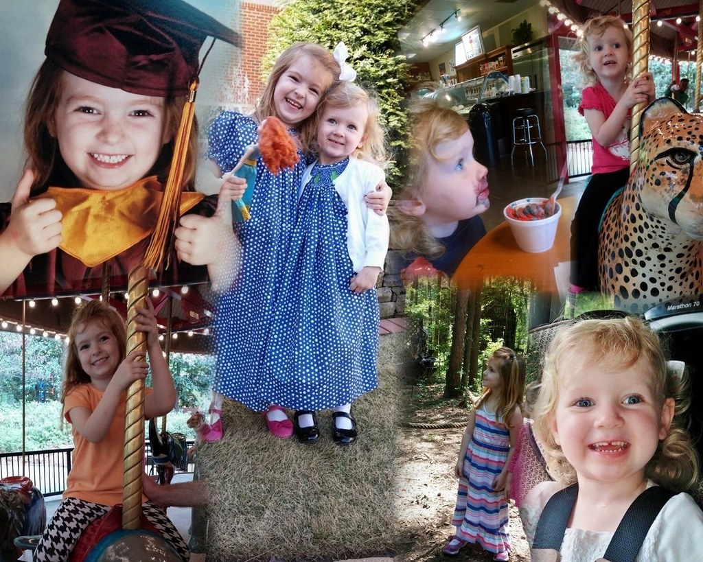 Collage mit lustigen Fahrgeschäften, Kindern an einem Tisch mit Essen und Besteck, umgeben von Grün, Dekolights und diversen Gegenständen wie einem Seil und Hut.