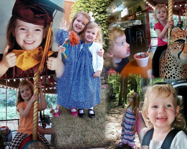 Collage mit lustigen Fahrgeschäften, Kindern an einem Tisch mit Essen und Besteck, umgeben von Grün, Dekolights und diversen Gegenständen wie einem Seil und Hut.