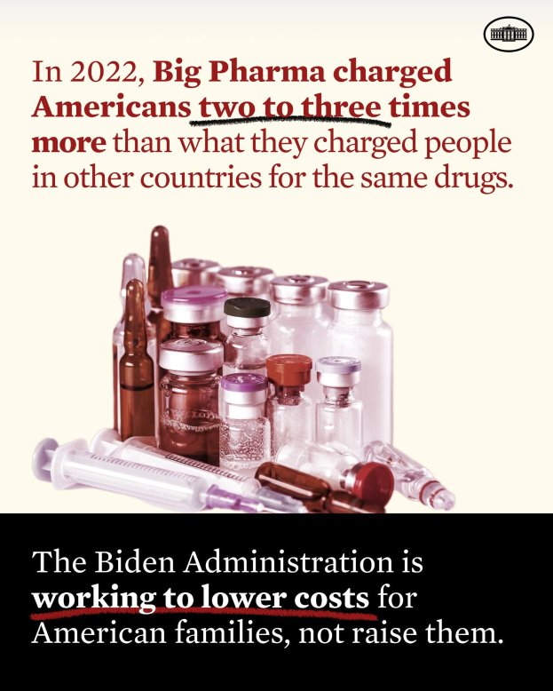 Plakat, das zeigt, dass Big Pharma 2022 Amerikaner zwei bis drei Mal so viel für dieselben Medikamente berechnet hat wie in anderen Ländern, mit Bildern von Medikamentenflaschen und einer Spritze darunter
