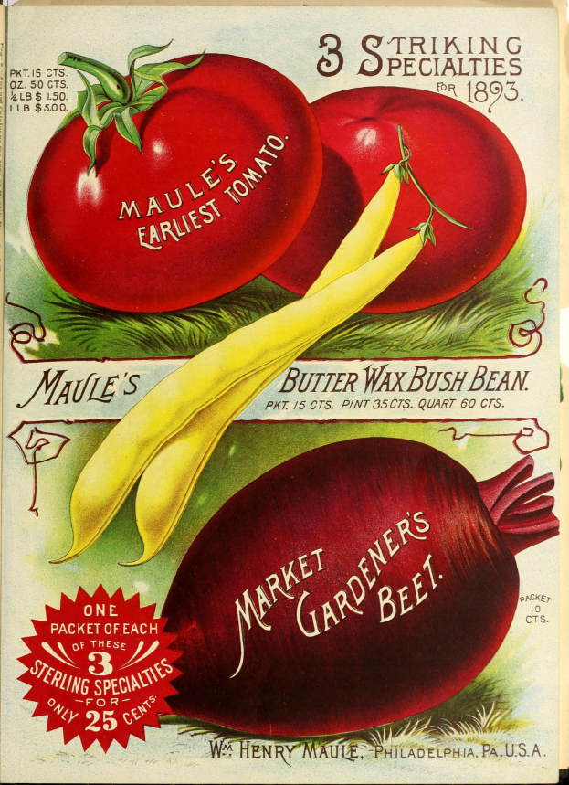 Ein Vintage-Plakat mit leuchtend bunten Gemüsen wie Tomaten und Rüben, die in einem Muster angeordnet sind, mit der Aufschrift "Marktgärtner's Beet" in fetter Schrift auf einem Hintergrund aus gedämpften Blautönen, Grün und Gelb.