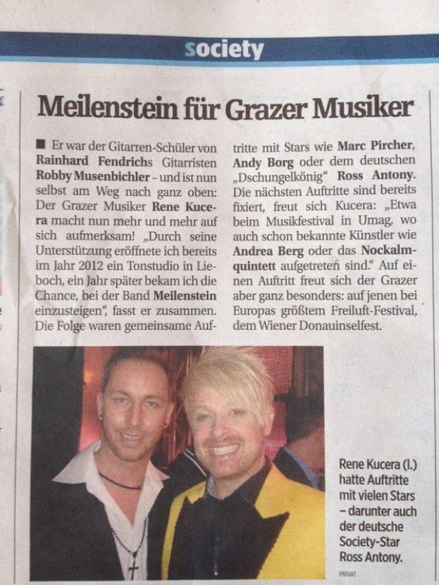 Zeitungsartikel aus März 2012 mit der Überschrift 'Grazer Musiker' mit zwei lächelnden Männern in Anzügen.