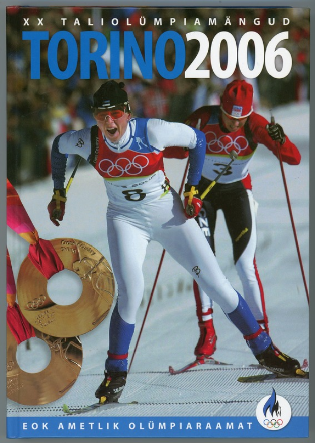 Ein Plakat der Olympischen Spiele 2006 in Turin, Italien, das zwei Skifahrer auf dem Schnee mit der Aufschrift "Torino 2006" zeigt.