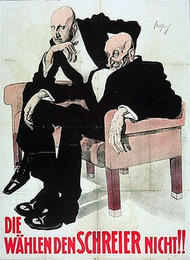 Deutsches Propagandaplakat für die NSDAP mit zwei Männern auf einem Sofa und Text zur Parteipromotion.