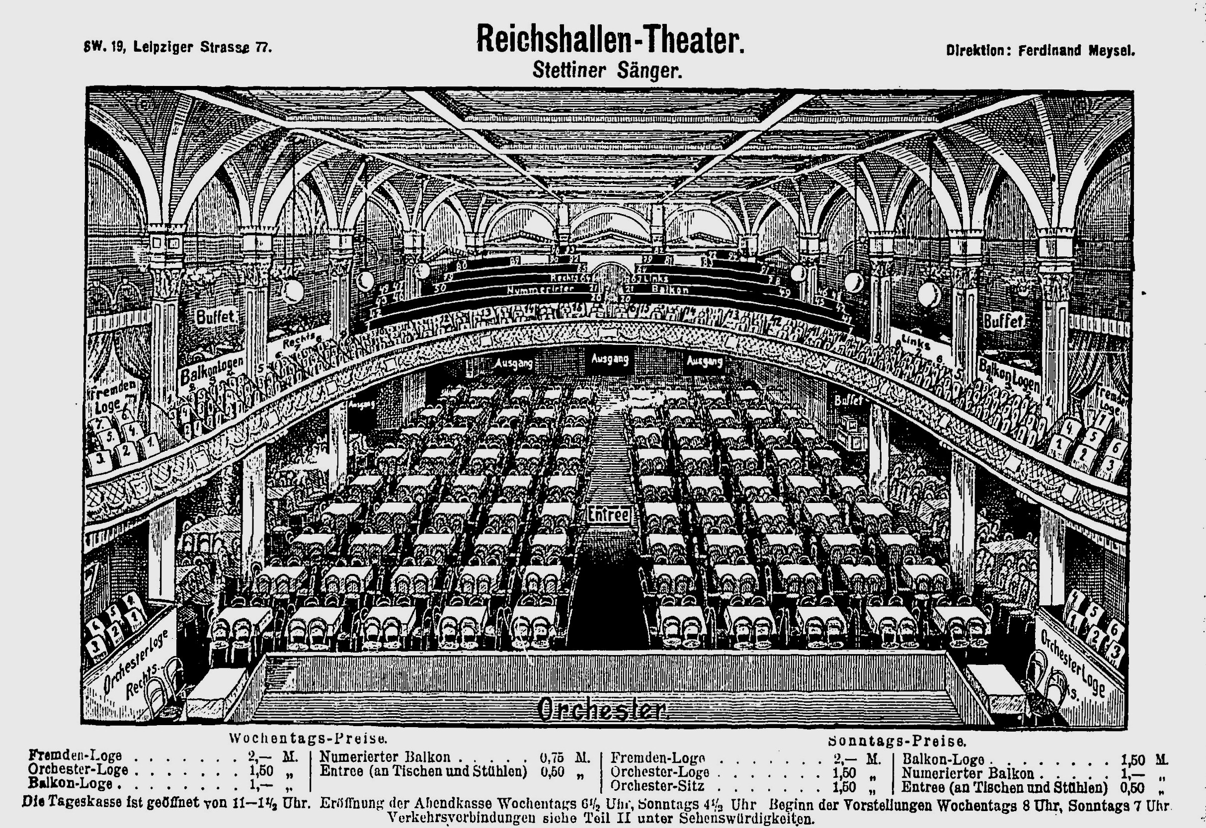 Schwarzes und weißes architectural drawing of the Reichshallen Theater in Berlin, showing the auditorium with rows of chairs, pillars, and ceiling, with text at the bottom.