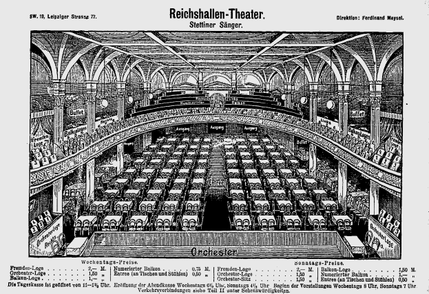 Schwarzes und weißes architectural drawing of the Reichshallen Theater in Berlin, showing the auditorium with rows of chairs, pillars, and ceiling, with text at the bottom.