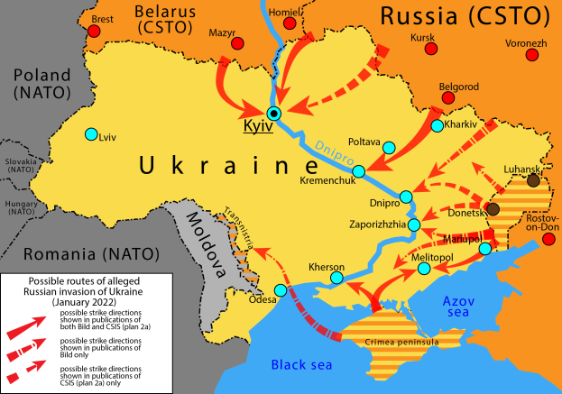 Eine detaillierte Karte der Ukraine und Russland mit markierten möglichen Routen der russischen Invasion, einschließlich Städte, Flüsse und zusätzlicher Textinformationen über die Invasion.
