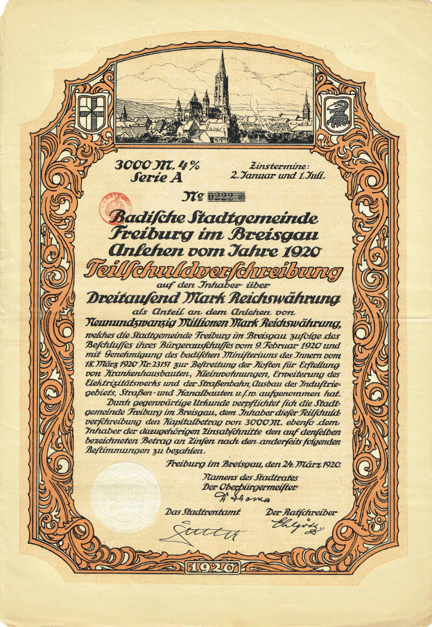 Altes deutsches Wertpapier mit einer Stadtansicht und bedrucktem Text, der wahrscheinlich seinen Ursprung beschreibt.