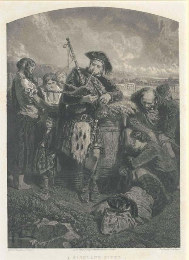 Schwarze und weiße Gravur eines Mannes, der vor einer Gruppe von Menschen eine Dudelsackpfeife spielt, mit einem bewölkten Himmel im Hintergrund, mit der Aufschrift "Ein Highland-Pfeifer" unten.