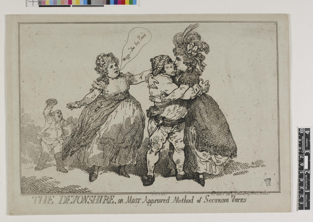 Papier mit einer handgezeichneten Illustration von drei Personen (zwei Frauen, ein Mann) und dem Text "The Devonshire, or Most Approved Method of Securing Votes", mit Farboptionen oben.