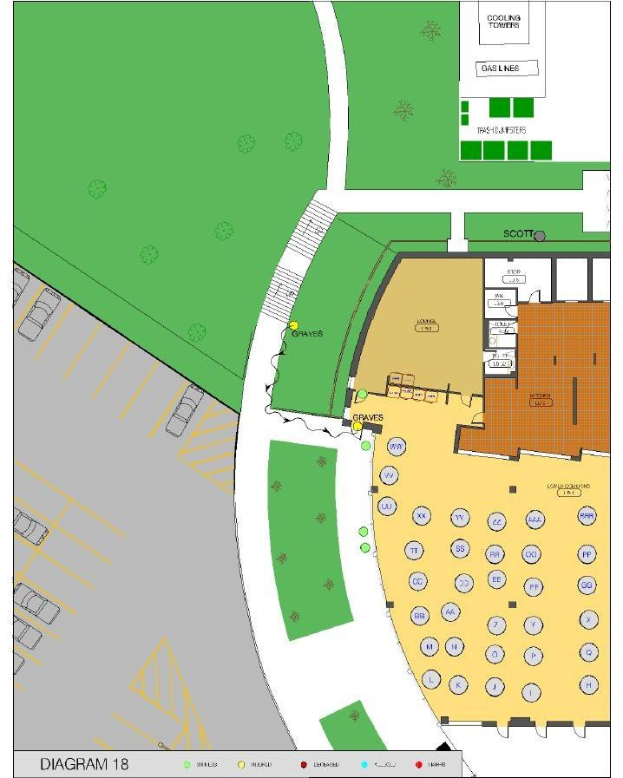 Detailierter Lageplan einer neuen Schulgebäudeanlage, einschließlich Räumen, Fluren und Campus-Features, begleitet von erklärendem Text über die Schulgestaltung und -ausstattung.