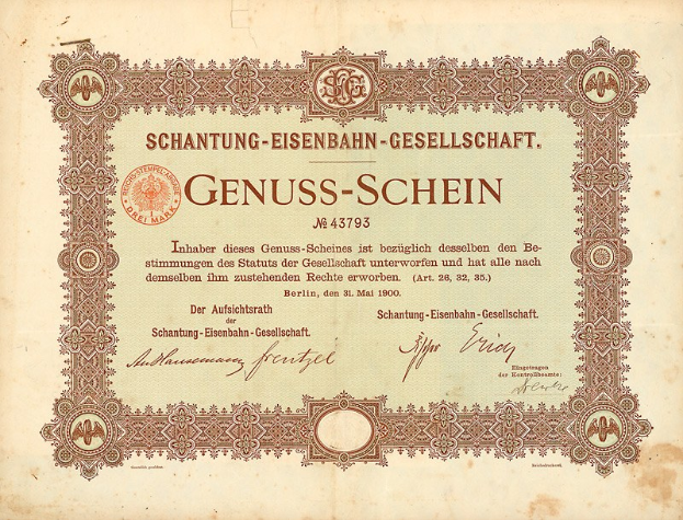 Alter deutscher Genuss-Schein-Aktienchein mit Regierungs-Text und Design-Elementen.