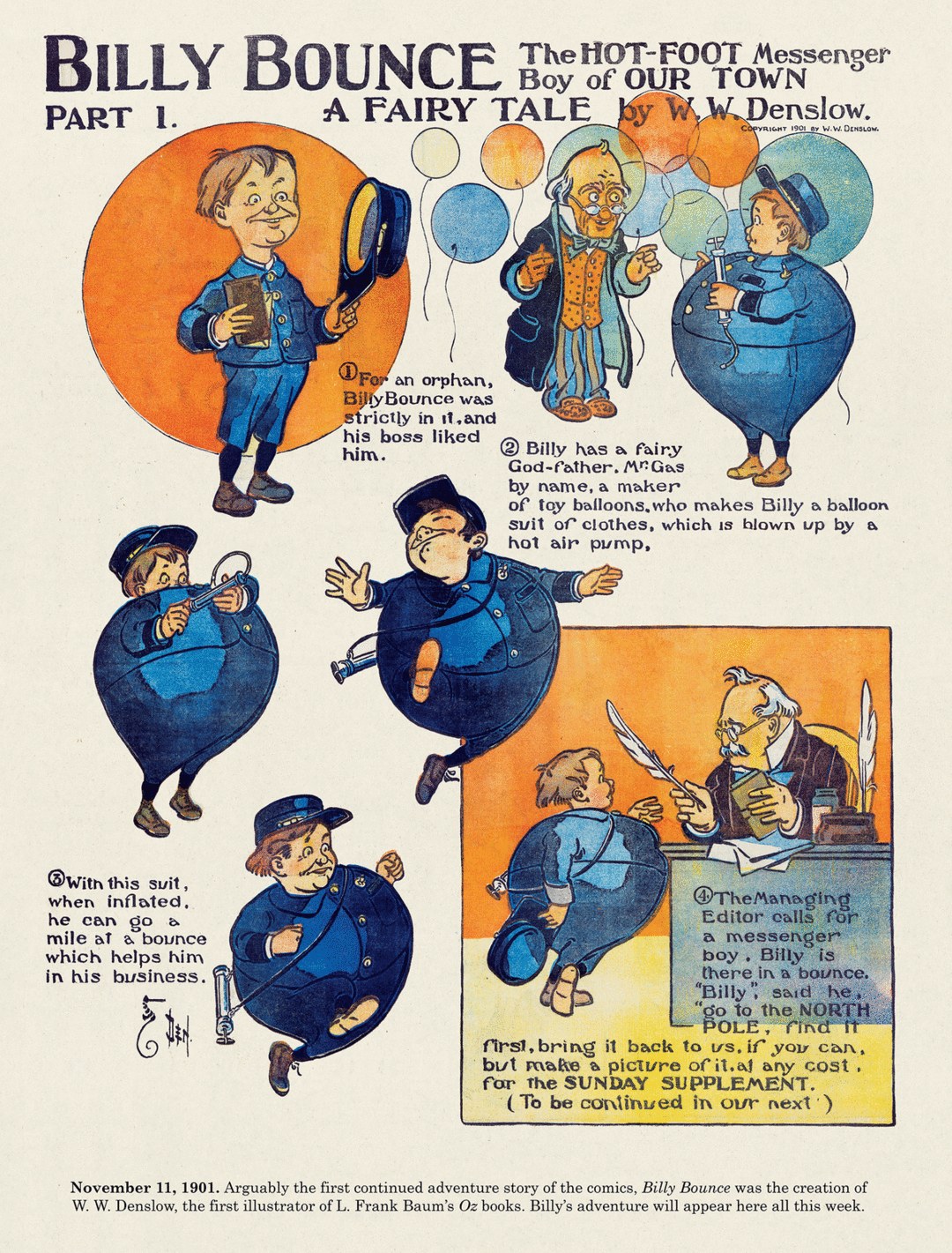 Cartoon-Abbildung eines jungen Jungen in einem Zylinder und Cape, der einen Zauberstab und ein Buch hält, betitelt mit "Billy Bounce, der Hot Foot Messenger, Teil 1: Ein Märchen."