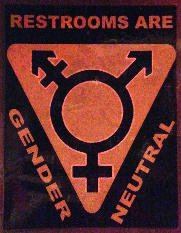 Plakat mit dem Text "Toiletten sind geschlechtsneutral" und Betonung auf einladende Toilettenschilder.